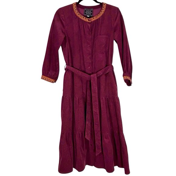 Johnny Was Jade Corduroy Dress Kappa Midi Ruffle XS Maroon Whimsigoth Cowgirl - Picture 12 of 12